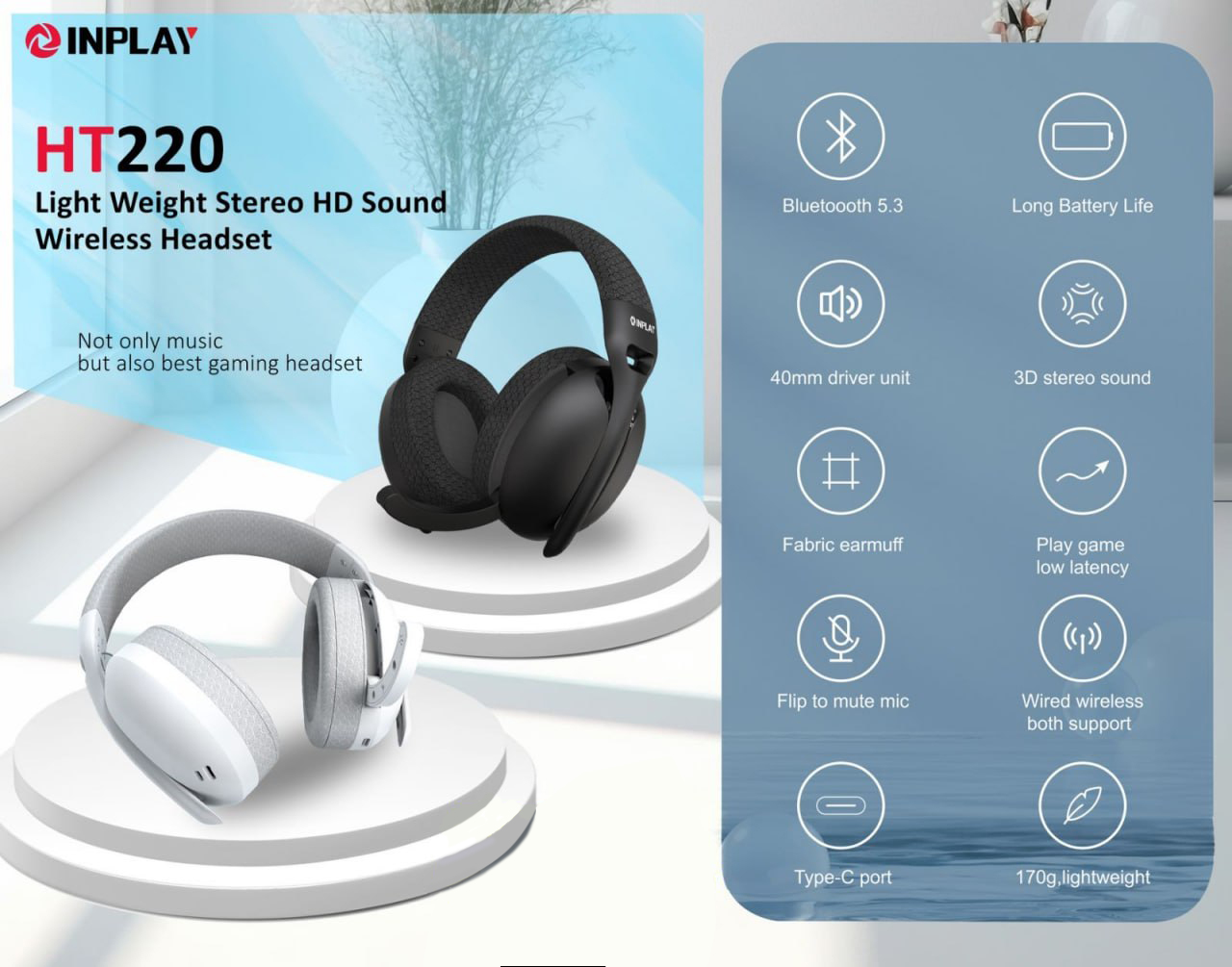 Inplay Wireless Headset HT220 Light Weight Stereo HD Sound  (Black/White)